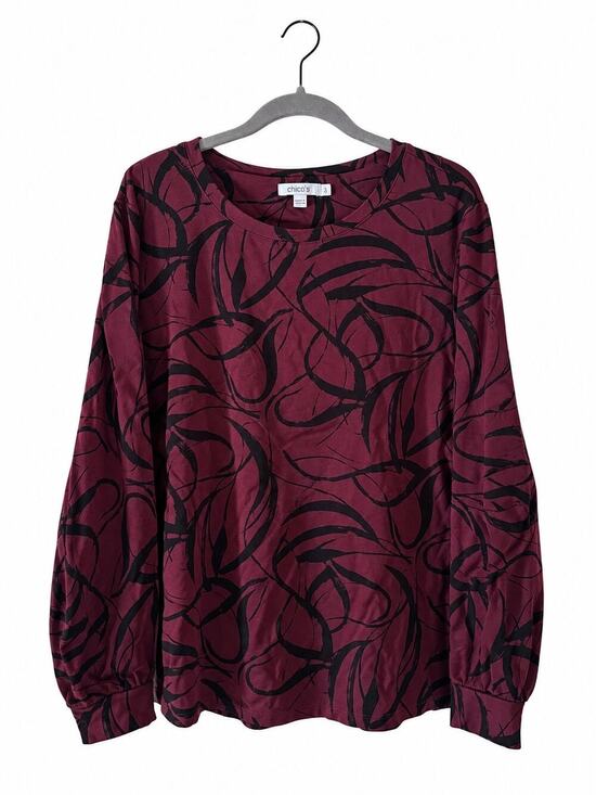 Chico's Tops - Chico’s Size 3 XL Burgundy Black Abstract Print Long Sleeve Knit Top Stretch